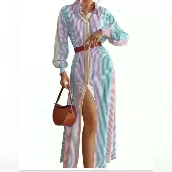 New Striped button down ladies Size large maxi curved hem dress - Picture 2 of 7
